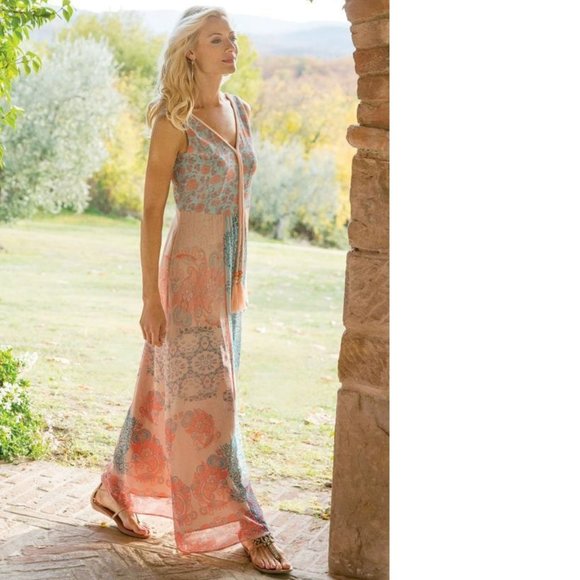 Soft Surroundings Guadalupe Maxi Boho Beach Hawaii Pink Teal Tassle Dres… - Picture 2 of 14